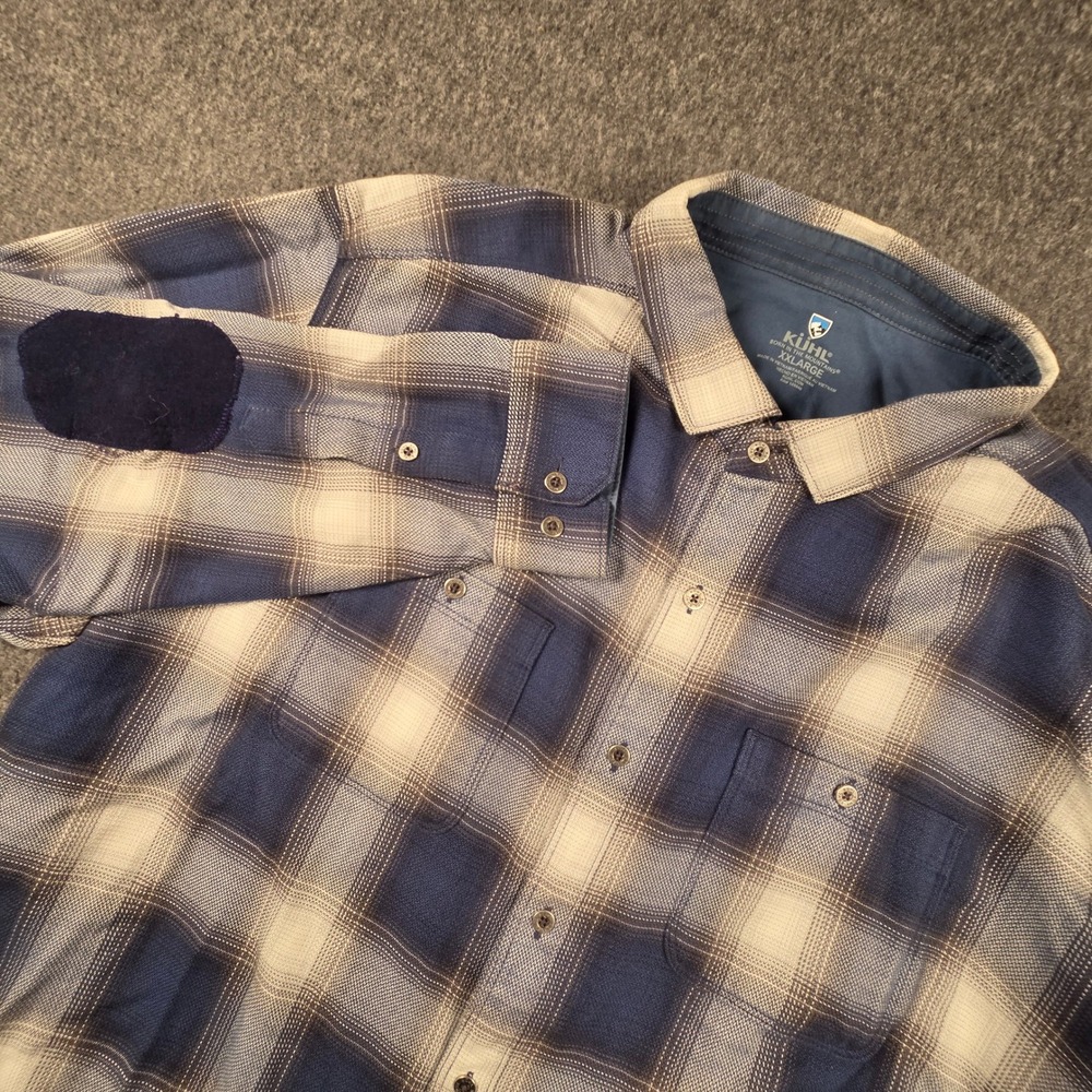 Kuhl Flannel Shirt Mens 2XL Blue Plaid Long Sleeve with Elbow Patches Comfort